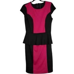 Lori M Peplum Short Sleeve Knee Length Sheath Dress Black And Pink, Size S